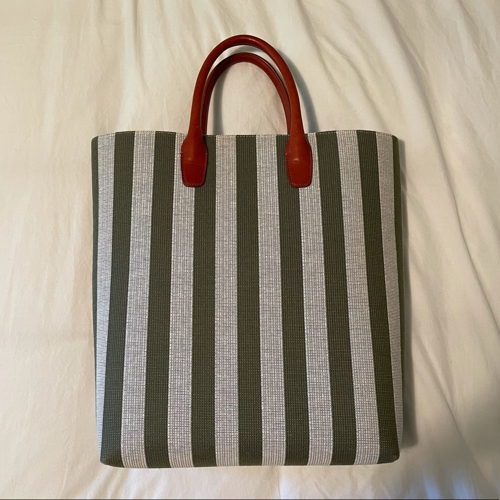 Green Stripe Mansur Gavriel Tote Bag with Leather